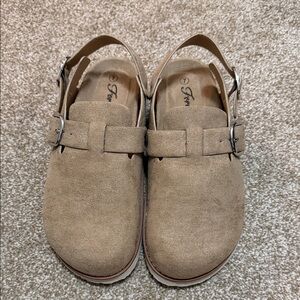 Forever Taupe Suede Slingback Clogs with Buckle
